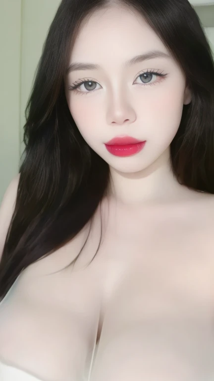 (Realistic、masterpiece、best quality、8K、high resolution、high resolution:1.3)、1 girl、red lips, (((Gigantic breasts、white see-through dress, no bra)))、pale white skin、looking at viewers、supene face and eyes、long hair、indoor、 upper body、