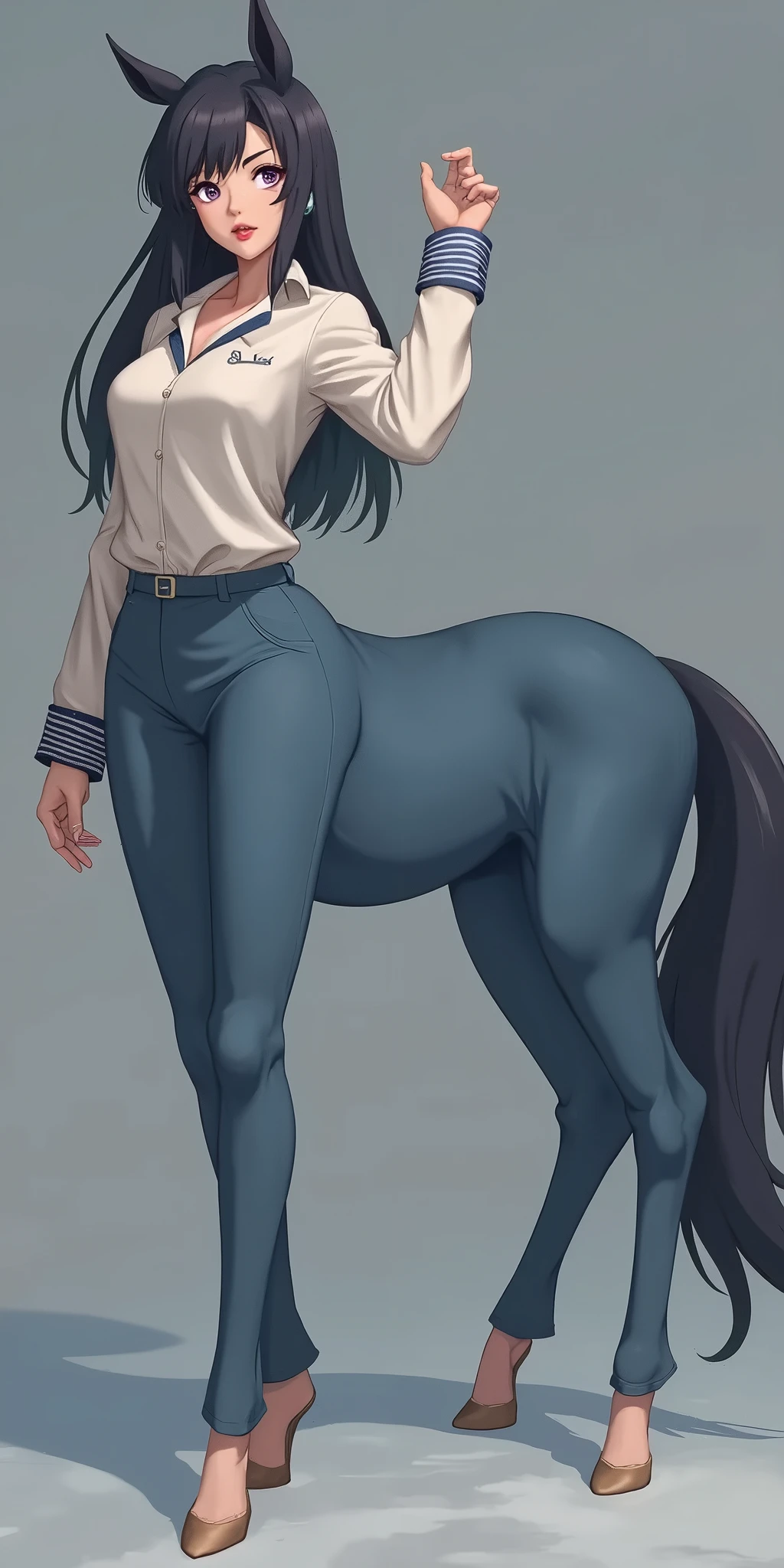 masterpiece,(Best quality:1.3),Centaur girl,lora:Centaur girlV1.0:0.6,(Icefield:1.3),(Head and body 1:9:1.3)Nine-head body,I am a female college student,Elegant, beautiful and elegant,All four legs are wearing student,Bodysuit,White Knit Top Sweater,Sports jacket,Beautiful body,Black and white students,Wearing black,Black Silk,Students wearing fitted clothes,I wear student,((Black work suit: 1.6)),Smooth skin,Black Hair,Perfect facial features,Full breasts,(Gold necklace: 1.4),(All four feet are wearing blue sneakers: 1.6),Fair and translucent skin,Pale skin,Peach-like skin,The milky white porcelain skin of the eggs