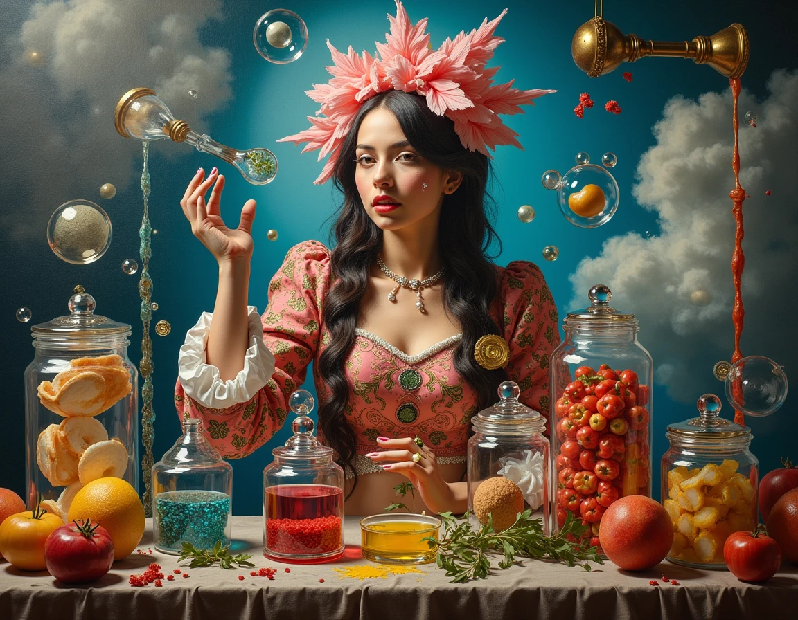 A vibrant scene depicting a Latin woman with striking pink hair, wearing a flowing dress, seemingly trapped inside a clear glass bottle filled with golden oil. The woman's expression is joyful, with a wide, radiant smile on her face, despite her unusual confinement. Her pink hair contrasts beautifully with the rich, golden hues of the oil surrounding her. The bottle itself is large, and the oil inside has a slightly glossy sheen, giving the entire image a surreal, magical atmosphere. The background is blurred, keeping the focus on the woman and the bottle