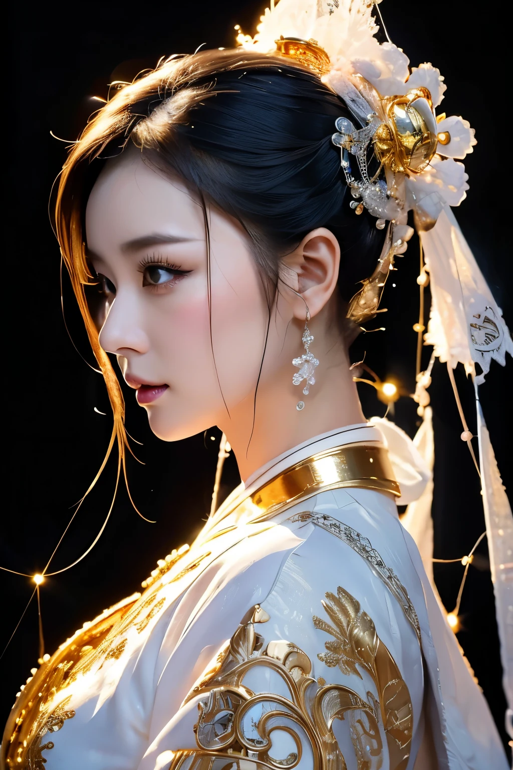 Portrait photo of android of Japan woman in her mid twenties made of white and silver clear glass and plastic, geisha make up, Black hairstyle, Silver and gold metal internal body mechanism, Dynamic Pose, Flow organic structure, Detailed engraving, Lacework Design, A sparkling golden circuit, Colorful neon trim, Detailed engraving, Lacework Design, Light emitting circuit, neon trim, Art by H.r. giger, Greg Rutowski