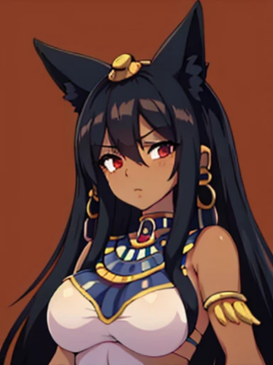 Masterpiece, best quality, expressive eyes, perfect face, 1girl, solo, animal ears, long hair, red eyes, egyptian, dark skin, egyptian, Desert Background, upper body, navel, 