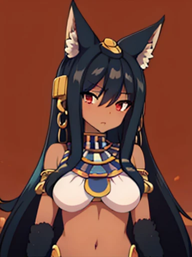 Masterpiece, best quality, expressive eyes, perfect face, 1girl, solo, animal ears, long hair, red eyes, egyptian, dark skin, egyptian, Desert Background, upper body, navel, 