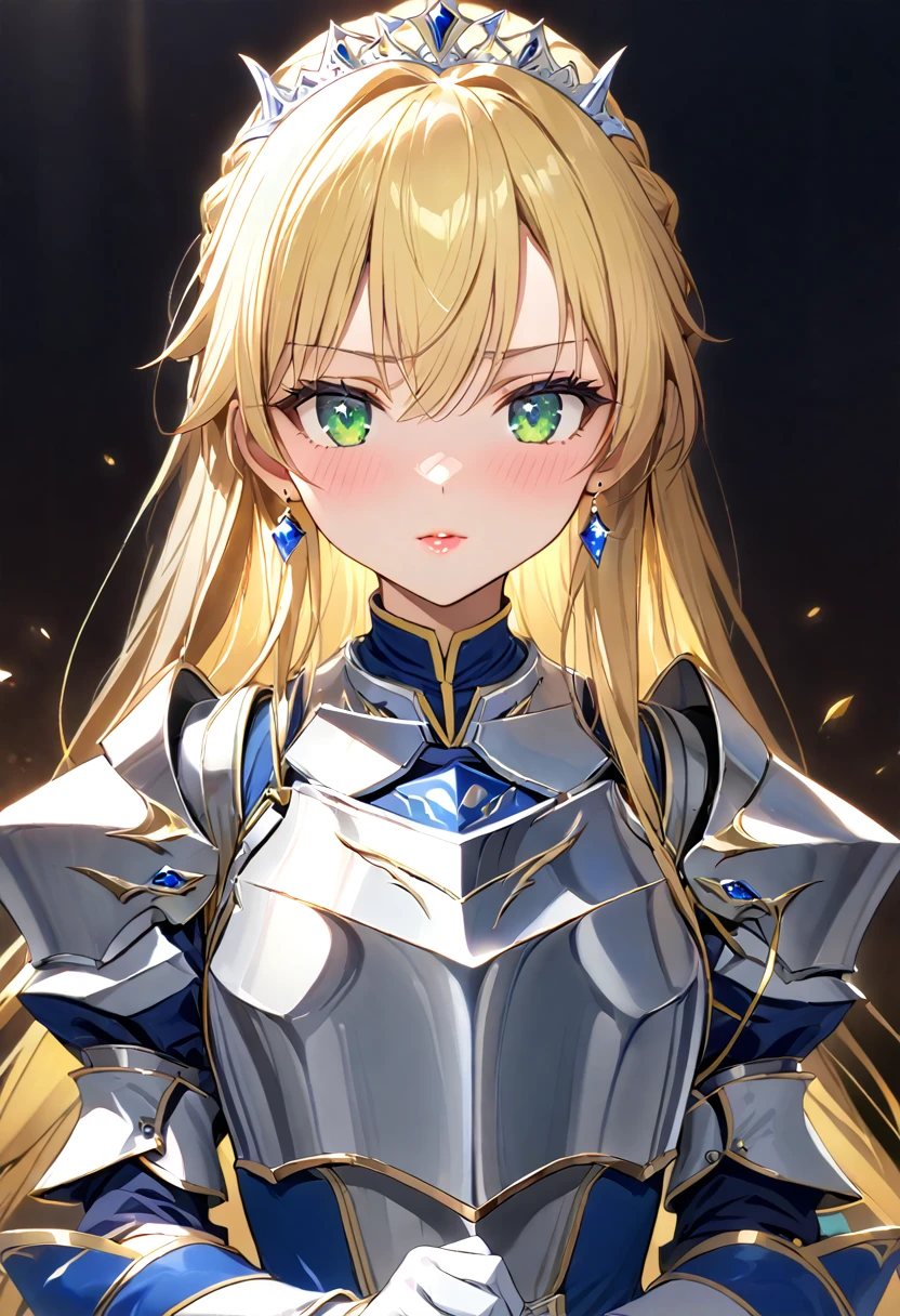 ((masterpiece)), Best Quality,  very detailed,( one girl playing pranks),   Altria Pendragon , Lancer Dress  , Gloves,  jewelry,  clevis,  princess your toddler,elbow Gloves, tiara ,brooch,white Gloves、Adult women、thin、 so beautiful、 beautiful face、((( Blue and White Armor 、breastplate、Shiny Armor:1.2)))、 holding a bow、gold earrings、Blonde, green eyes,  Pink Lips、full body