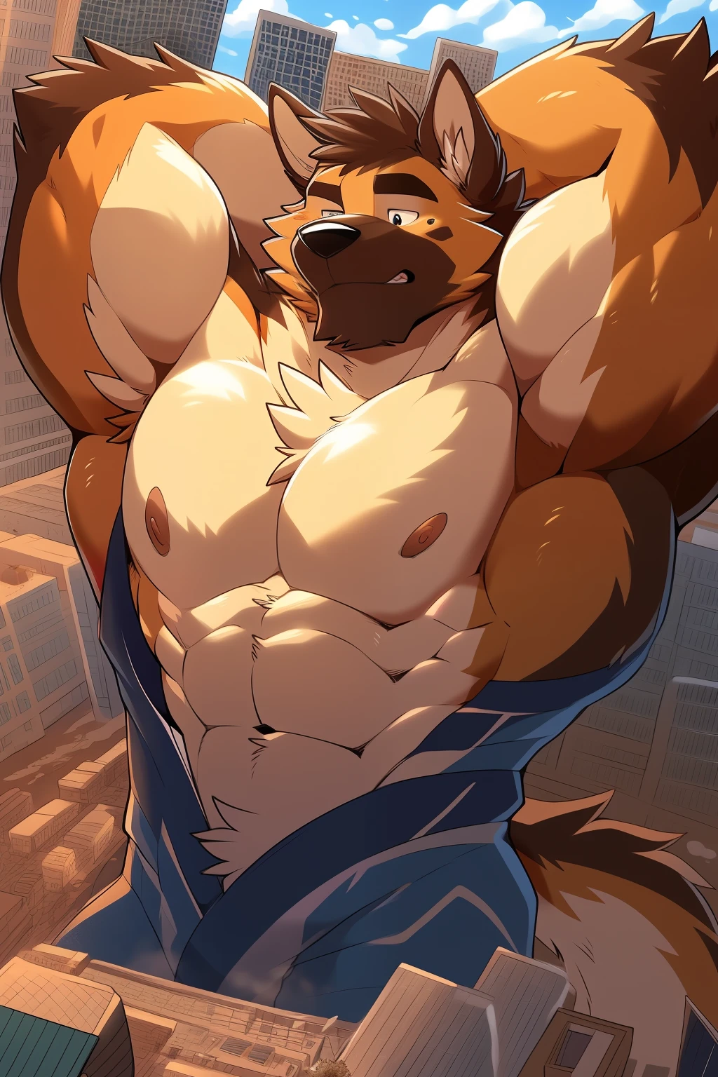 author: takemoto arashi, (1 boy), one,  Fluffy German Shepherd,  men Second place , large body, Let's fall  ,  big chest muscles , Großes Building, Kimono,  beautiful, sexual, Attractive guy, ( detailed eyes ), Brew, Teeth, (masterpiece, High resolution,  best quality ), 4K, portrait,  beautiful shadow,  Focus on the chest muscles , nipple,  stands in the door , confused face, confused face, embarrassed smile ,  A hand behind the head ,  bare-chested , Pants, convex,  Boner with outline  ,(Massiv:3.0, (  heavyweight ,stark,Macro, Emphasize )), background(( Building , Raise little speech  ,  the crack in the road )),