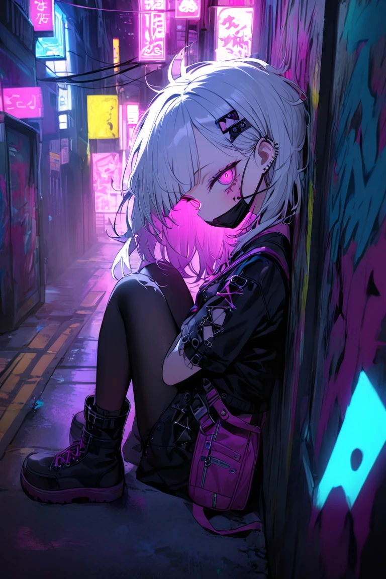 1girl,solo,full body,(leaning on wall),profile,Black goth punk fashion,white middle hair,(messy hair),Forehead,Blunt bangs,mesugaki,pink eyes,half-closed eyes,(crazy eyes),ｍouth mask,small breasts,hair ornament,pink backpack,bright colors,4k,complex details,maximum quality,Dull dark graffiti outline,beautiful skin,cyberpunk city,(during night),Neon light,neme:yuka