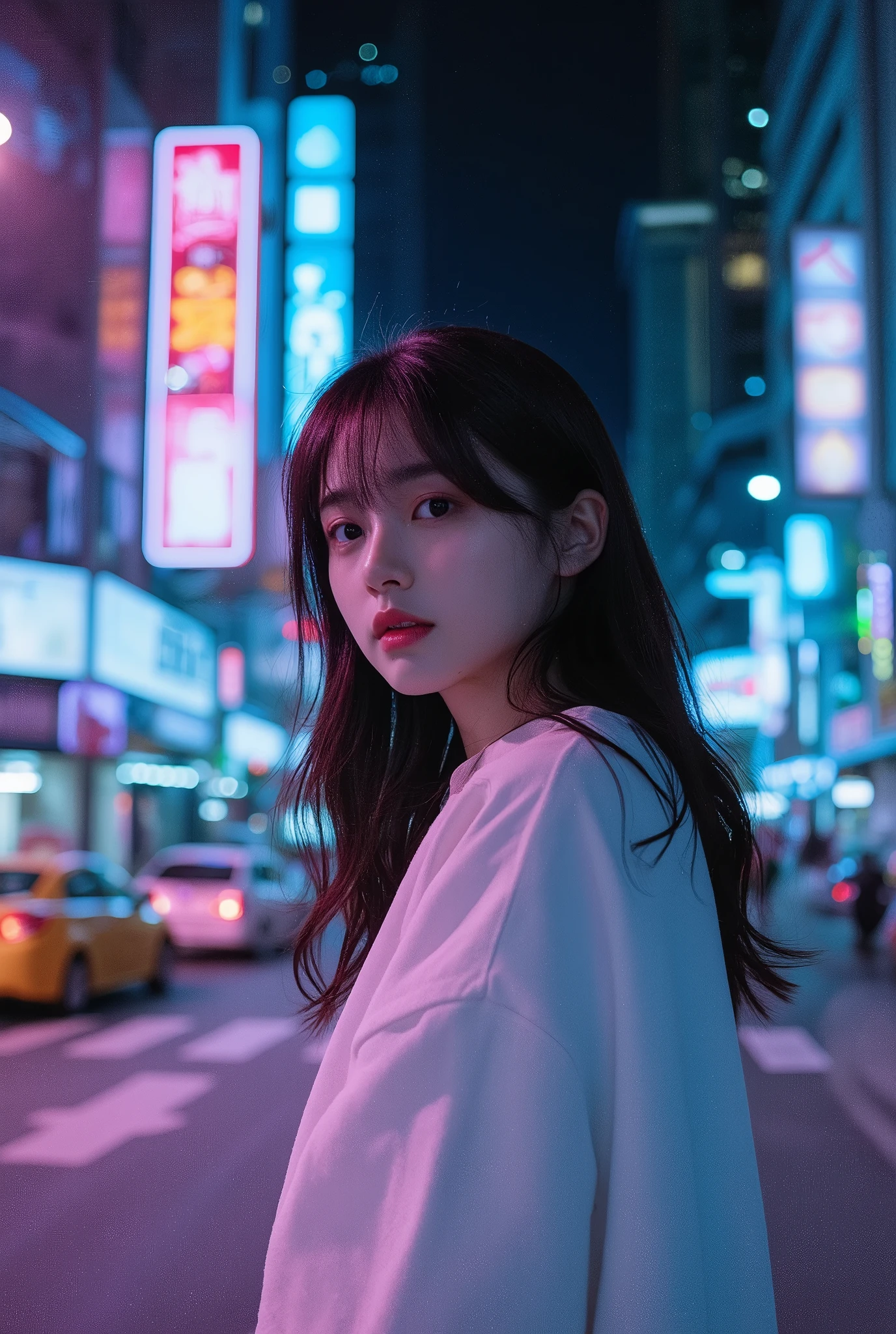 girl, layered wavy hair, white sweatshirt, between skyscrapers, cyan and magenta neon, city street, night. 