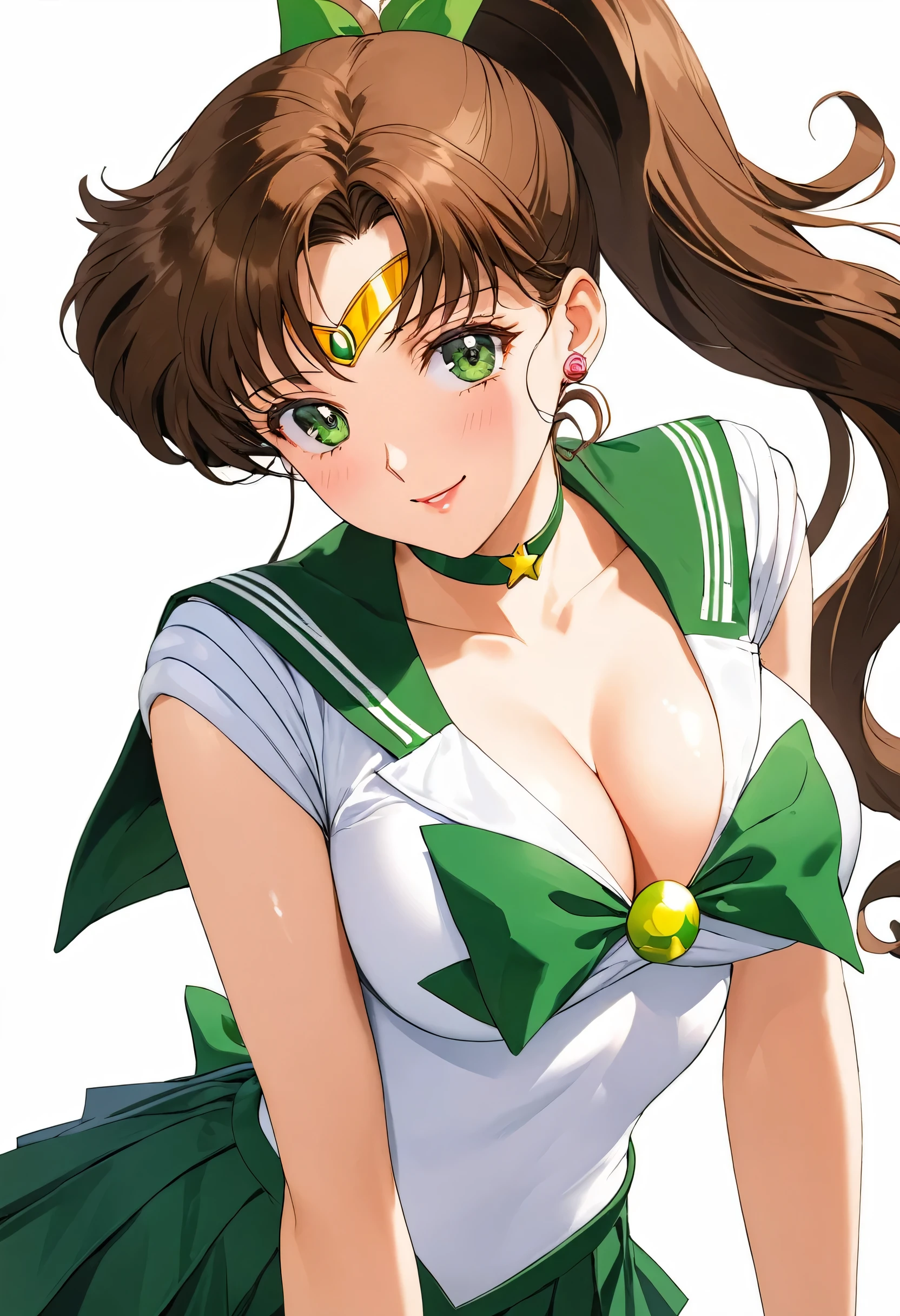 masterpiece, Best Quality, High resolution,16k,official art,super detailed skin,detailed,animated painting,(Sailor jupiter),1990s \(style\),(E-cup beautiful breasts)、 (tall:1.2),height: 175cm,Fashion model body type,cleavage,Sexy long legs, Brown long hair,ponytail,BRAKE(sailor jupiter costume,sleaveless white shirt,green collar,green ribon,green skirt:1.5),green Scrunchie,green eyes,Sweating all over the body,Muscular、1girl,solo,nsfw,(Ahegao:1.2),smile,blush,(vulgarity:1.2)、Anime-style painting style,Close up on upper body,Cinematic lighting,Superfine,magnificent view、Seductively Posing,dynamic angle,closeup,white background
