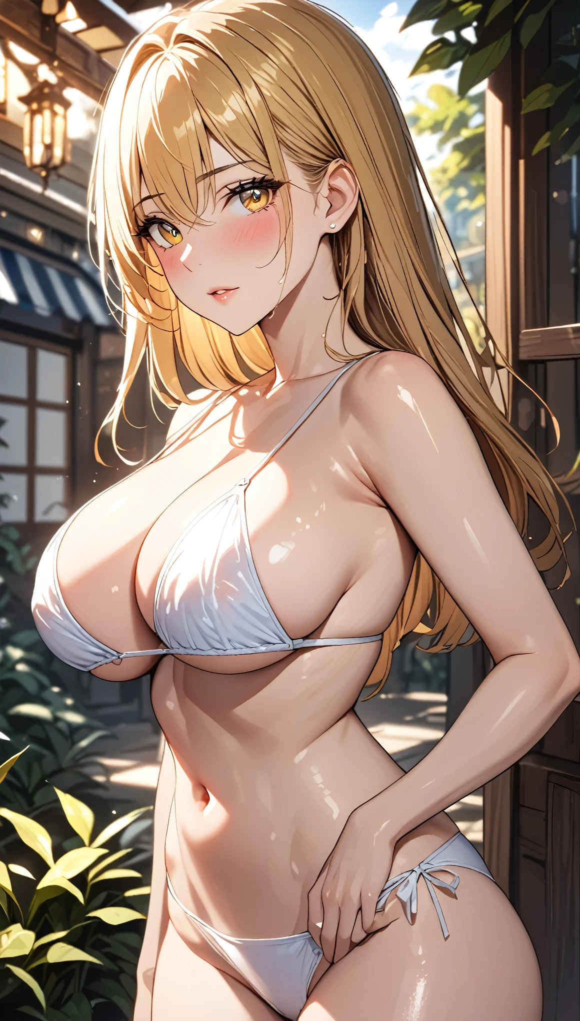 1girl, NSFW, masterpiece, best quality, highres, lucy heartfilia, blonde hair, long hair, golden eyes, yellow eyes ((eye circles)), upper body, blushing, sunlight, , outdoors, open legs, brilliantly lit, detailed background, very detailed, naked, areola slip, sexy, sexy pose, beautiful body line, no clothes, no underwear, white panties, thin swimsuit, narrow area of swimsuit, narrow area bikini, white bra, bra without strings, big breasts, sexy breasts, revealing clothes, big butt, thighs, armpits, jewelry, mature female, shiny skin, cute, wet, Delicate slim figure and beautiful body curves, looking at viewer, high resolution, high detail, masterpiece, HighestQuality, Correct limbs, brilliantly lit (Masterpiece: 1.0), (best_quality: 1.0), Ultra High Resolution, 4K, Ultra Detail, photography, 8K, HDR, High resolution, Absurd:1.2, Kodak Portera 400, Film grain, Background blur, Bokeh:1.2, Lens glare, (vibrant_color:1.2) (Beautiful, Large_Breasts:1.2), (beautiful_face:1.5), (narrow_waist)