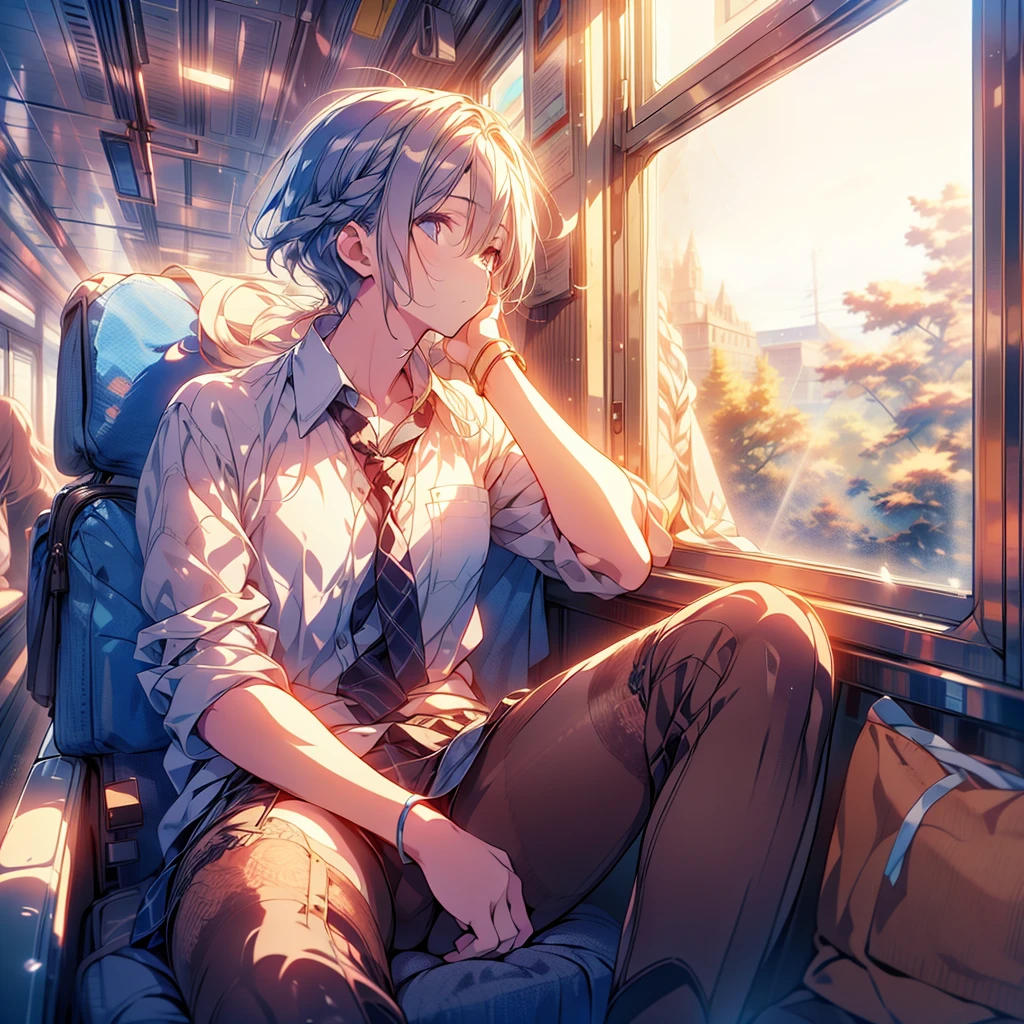 He is sitting by the window of a train, resting his elbow on the window frame and looking out the window. Very detailed anime illustration. octane render. A window with a faint reflection. masterpiece, best quality, extremely detailed CG unity 8k wallpaper,