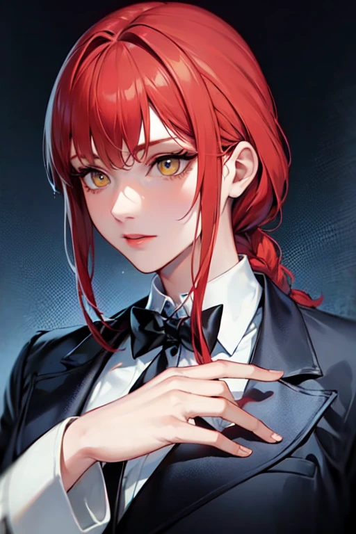 (Best Quality)、(Best Quality)、hand、Expressionless、strong redhead 、suit、 braiding、 black tuxedo、envy