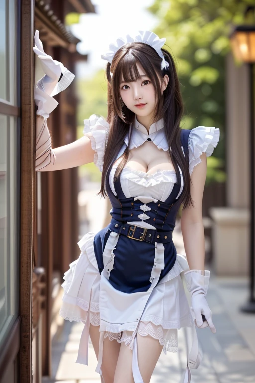 Photo-realistic quality、部屋に立つ黒と白の衣装で dressを着た日本人モデル, Maid衣装, Twin tails white_Gloves,  portrait of a radical Ta girl , Maid衣装の少女,  Data Style, Maid! dress,  ta fashion ,  looking at the camera、Detailed and beautiful eyes、Cute smile、 soft and gentle expression 、 cleavage