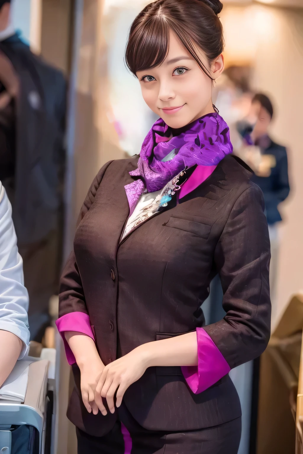 (masterpiece:1.2、Best Quality:1.2)、32kHDR、 high definition、(alone、 1 girl、 Slim Body )、（Realistic reproduction of Etihad Airways flight attendant uniforms）、 (At the airport counter,  Professional Lighting)、A proper woman,  beautiful face,、（Etihad Airways flight attendant uniformsの長袖）、（Etihad Airways flight attendant uniforms、Skirt with purple stripes on the front ）、（Put a scarf around your neck）、Big Breasts、（Long Hair、Hair Bun）、 Dark brown hair 、Long Hit、（（Great hands：2.0））、（（ Harmonious Body Proportions ：1.5））、（（Normal limbs：2.0））、（（Usually refers to：2.0））、（（ Delicate Eyes ：2.0））、（（Normal eyes：2.0））)、Beautiful position、smile
