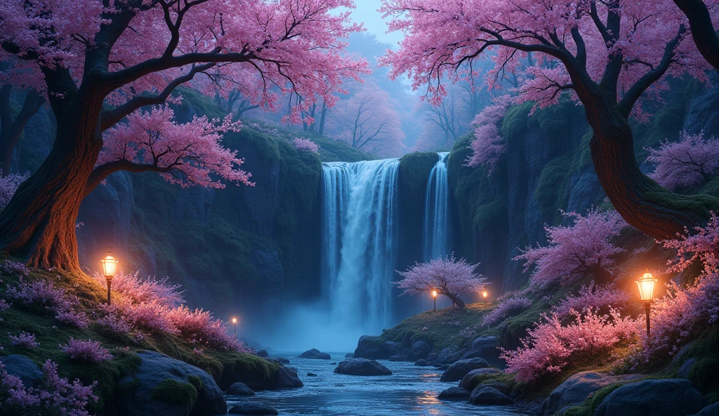 a magical forest with a waterfall in a deep night, surrounded by much much more flowers up and down the forest and flowery Sakura and  numerous beautiful lamp lights and glowy things