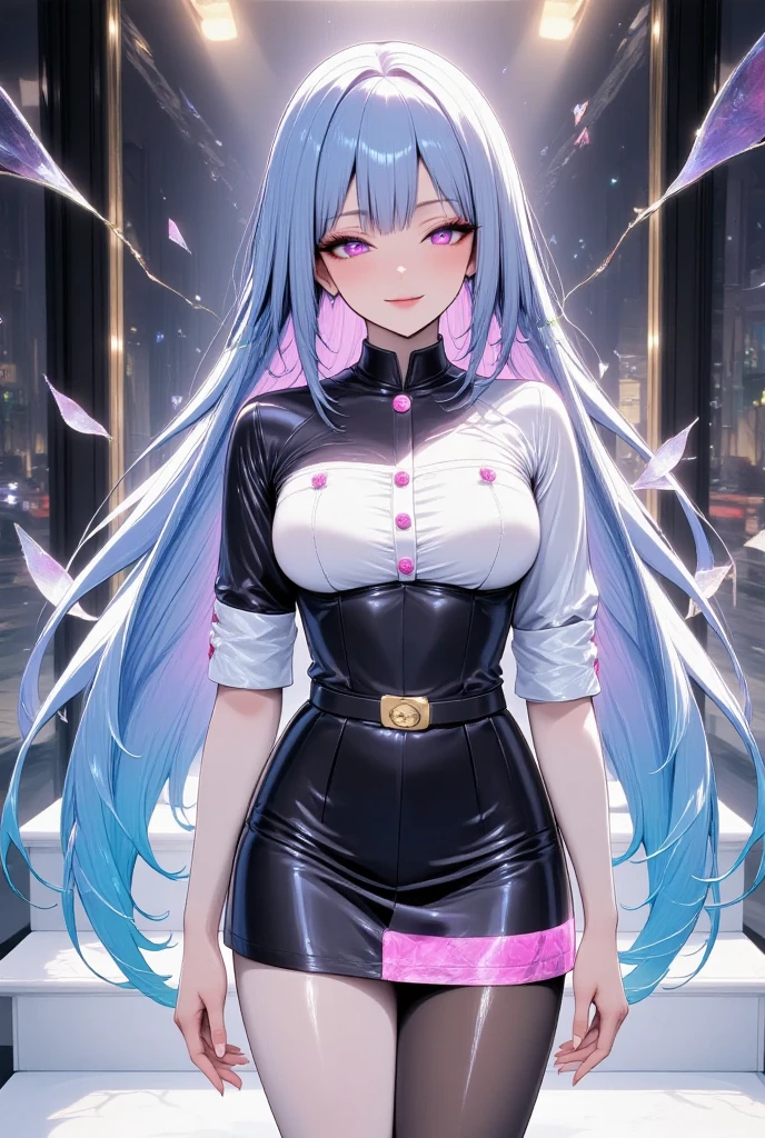  young beautiful woman,( best quality, Extremely Detailed Depiction ,  incredibly ridiculous high resolution,),( virtual idol),(holographic costume,tights,stage shoes),(Light blue long hair, Twin tails with braids ,Glowing pink eyes,half closed :1.3,Bewitching Smile,Beautiful legs, shiny skin,Dance Motion),Full body image:1.3,Inside electronic space , Virtual Space,An unreal world ,income,Headphones,background:unreal cyber space,Broken glass