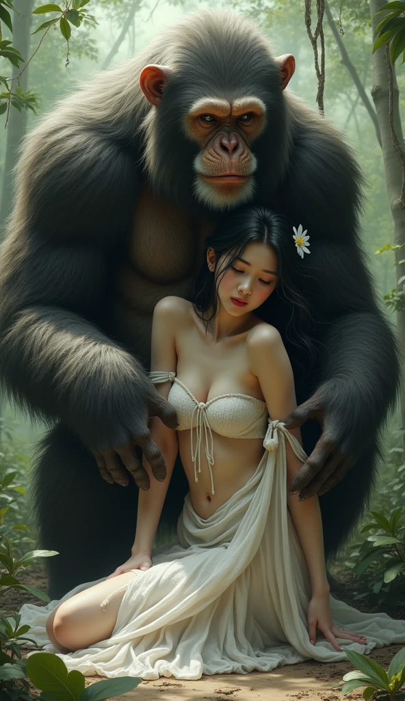 A (((tween holding a monkey and a monkey in her arms,))) Nami from one piece. Wearing micro skirt. ((And her get hugs with Lewd monkey groping her in jungle)).(realistic arts), intricate, (monkey craves her carnally), nipslip, puffy nip, ((monkey grabbing breasts))