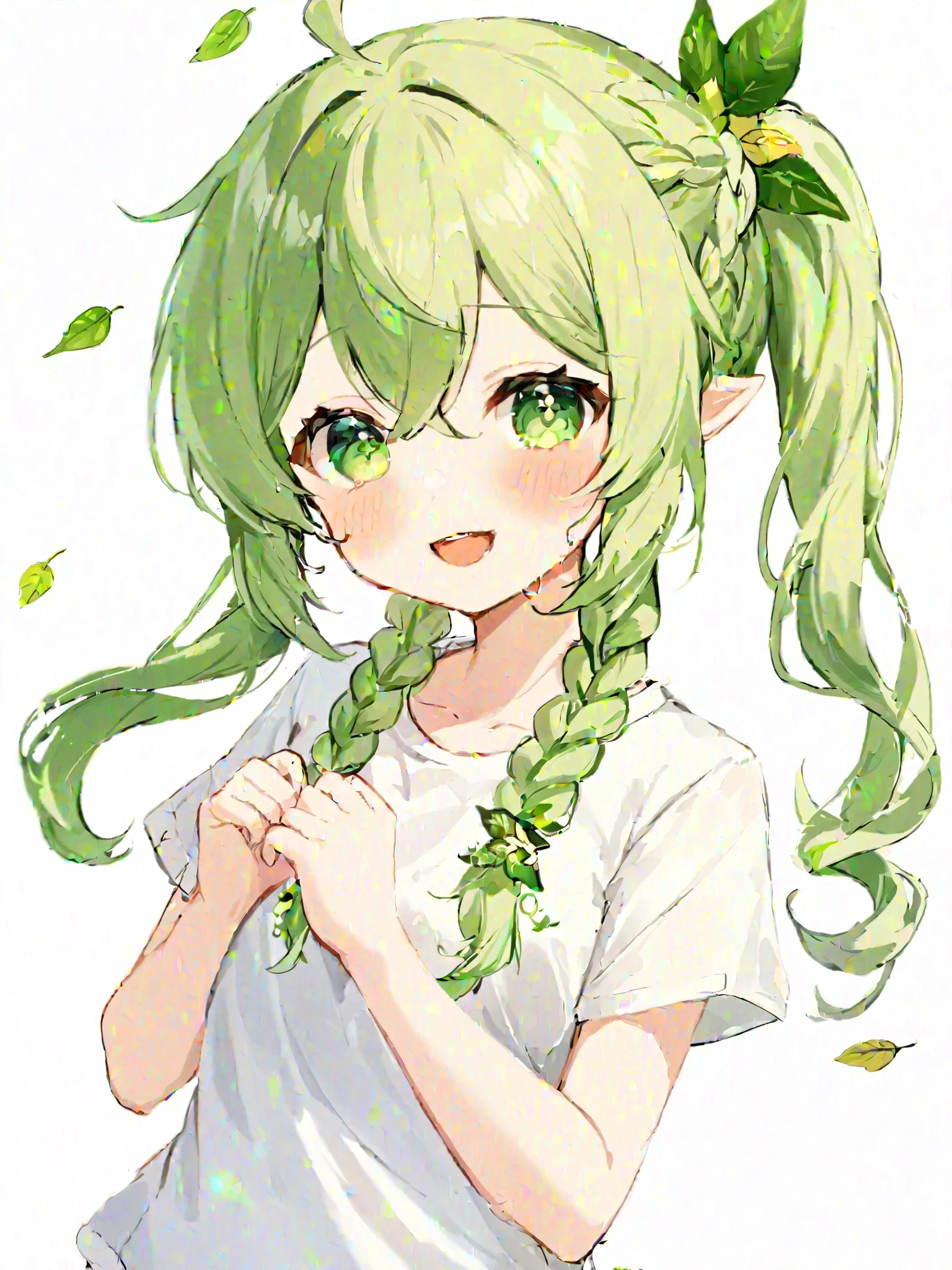 ï¼nahida_\(genshin_impact\), 1girl, green_eyes, pointy_ears, shirt, multicolored_hair, white_hair, white_shirt, side_ponytail, simple_background, short_sleeves, white_background, smile, green_hair, hair_ornament, symbol-shaped_pupils, braid, blush, long_hair, alternate_costume, bangs, t-shirt, gradient_hair, open_mouth, leaf_hair_ornament, female_, hair_between_eyes