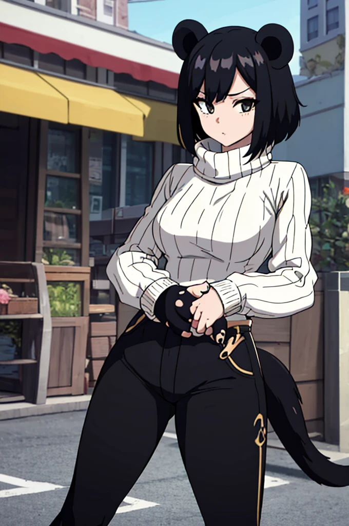 masterpiece, best quality, absurdres, 1girl, solo, RenXiongmao, panda ears, animal hands, black fur, short hair, sweater, ribbed sweater, long sleeves, high-waist pants, outdoors, city, 