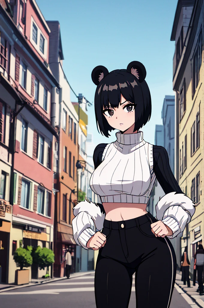 masterpiece, best quality, absurdres, 1girl, solo, RenXiongmao, panda ears, animal hands, black fur, short hair, sweater, ribbed sweater, long sleeves, high-waist pants, outdoors, city, 