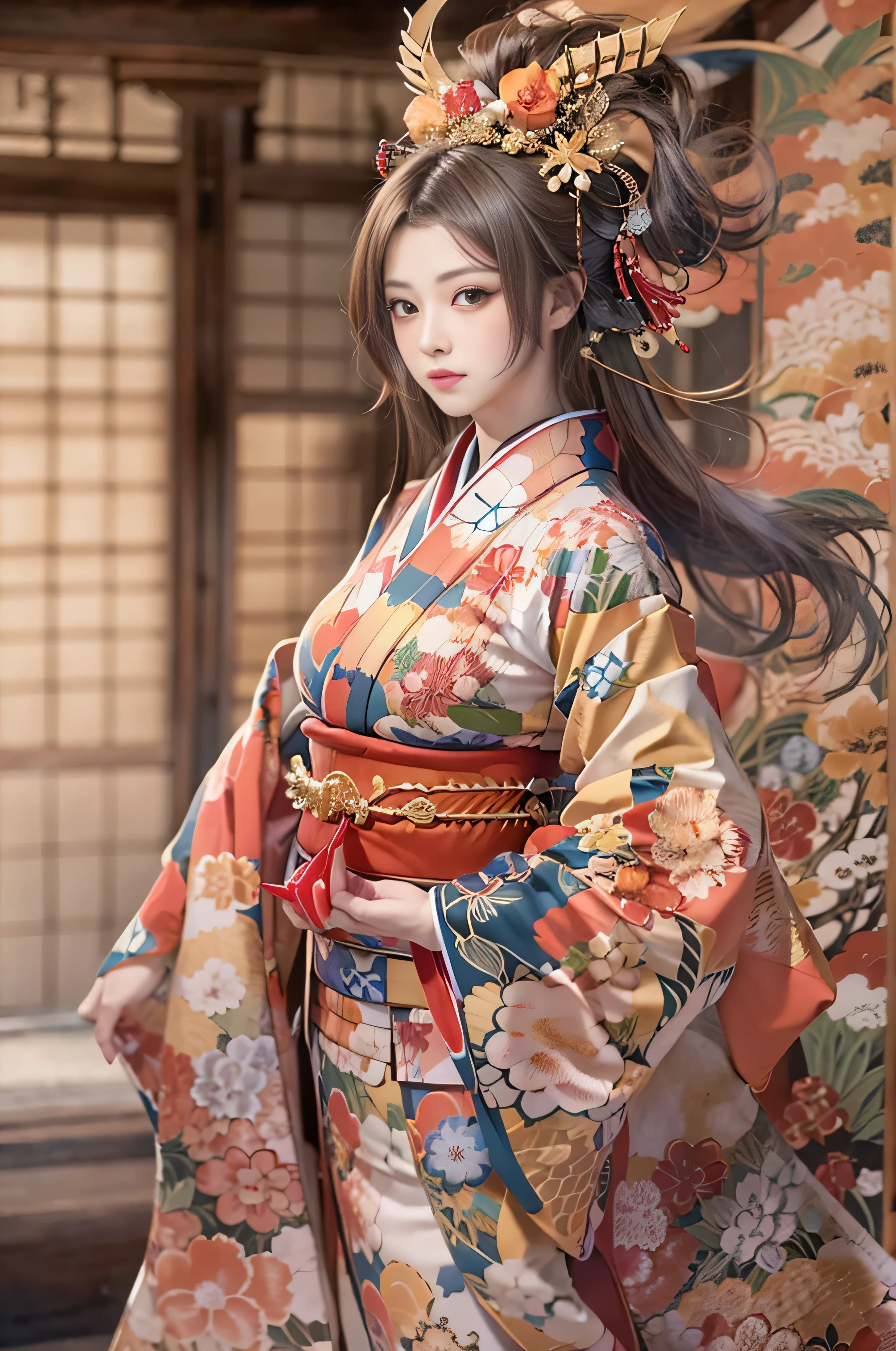     the empress of Japan during the Sengoku period    ,Age 35,  model body type,Big Breasts,   is leggy, Large hall inside the castle  ,   wearing a kimono with a picture of a dragon  {x}  wearing a gorgeous kimono  ,   teeth、 standing in a large hall in a Japanese castle wearing a kimono with a picture of a dragon  ,god々Standing still