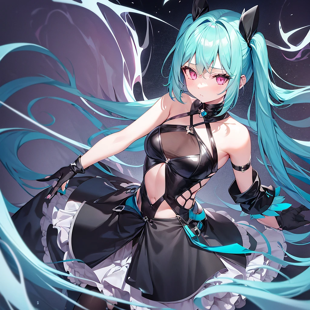  Generate a small waifu in pale gray leather,  of turquoise hair with two pigtails , with black flowers in her hair,  pink eyes , wearing a black lady's dress 