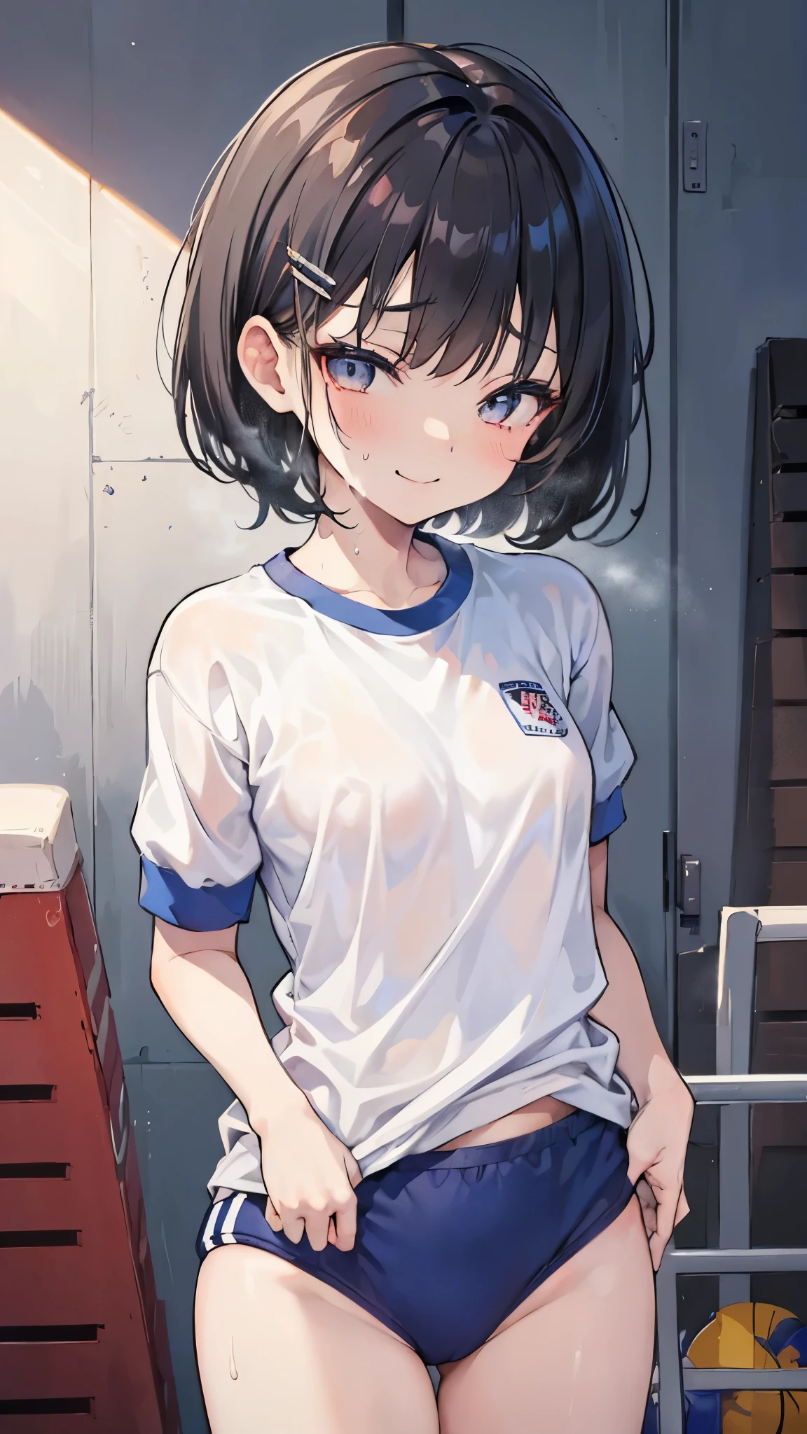 ((masterpiece、Best Quality、 very detailed))、 one girl playing pranks、Black Hair、 short hair、Grey Eyes、evil smile、 small breasts、Hair clip、((gym uniform))、Short sleeve、 cowboy shot、((sweat))、Turn around、 shot from behind、Gym storeroom