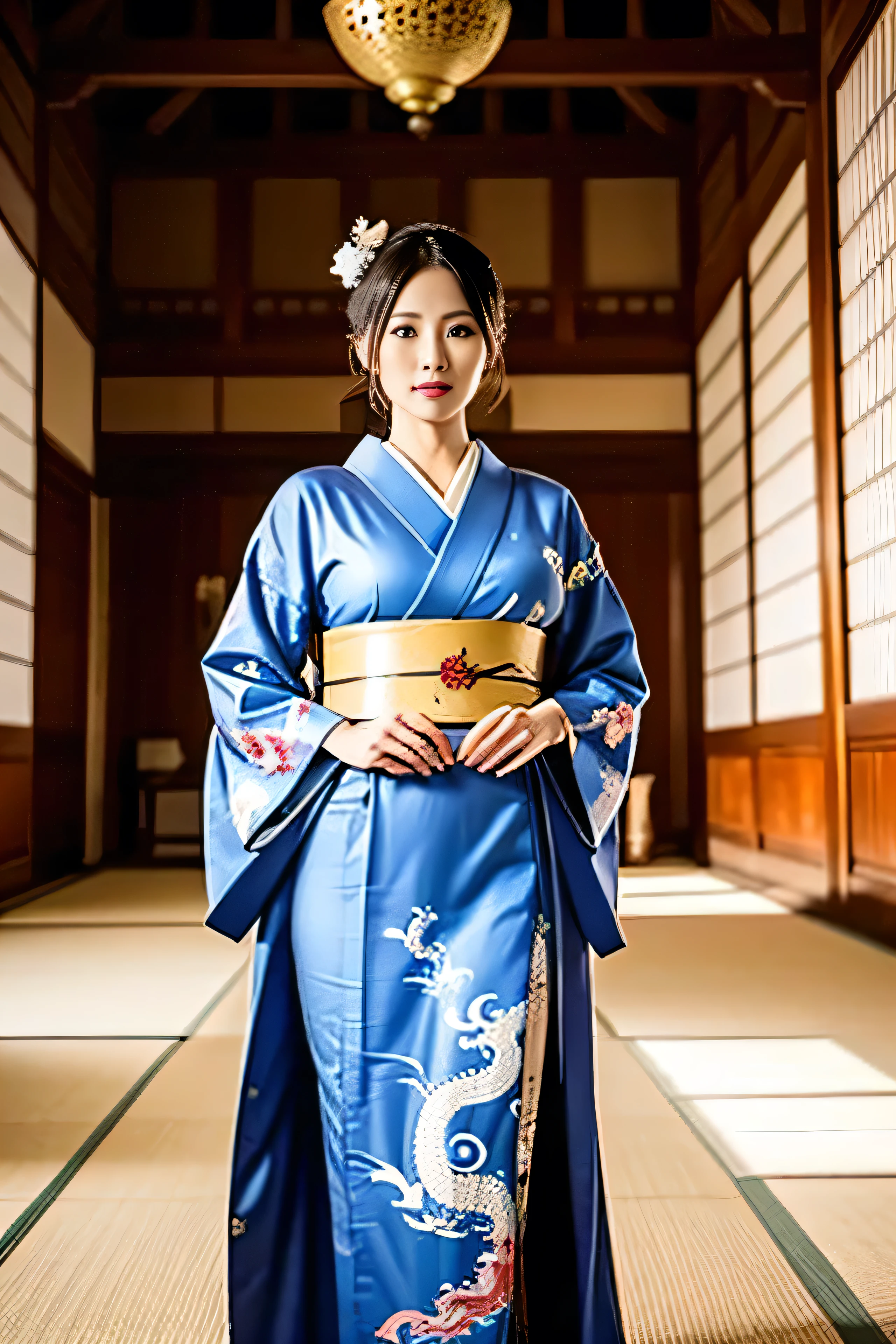   the empress of Japan during the Sengoku period  ,Age 35, model body type,Big Breasts,  is leggy, in the large hall inside the castle,  wearing a kimono with a picture of a dragon on it {x} Wearing a gorgeous kimono ,  standing in a large hall inside a Japanese castle ,god々Standing still,