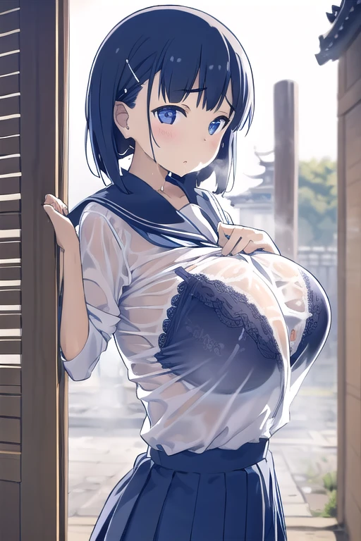 masterpiece, Best Quality, Super detailed,  1 girl, ai chan、Tawawa on monday、 sailor suit、(slouch:1.2)、（ watching viewers)、Look forward
,( big breasts at the temple:1.2),Ample breasts,Big Breasts,round breast,Beautiful body,  outdoor , upper body,( bust enhancement),Hands on your chest, Freshly squeezed chest  ,,sweat,steam,breathe,Wet,(( can see the underwear line from the shirt)),((( bra under shirt ))),Wet,(( can see the underwear line from the shirt)),Bras visible from inside clothes 、 Clothes are see-through and bras are visible