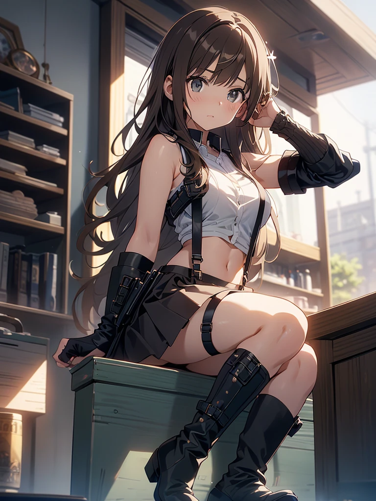 Brown hair、watching at viewers　　　black suspenders　　　Bulging big breasts　　 　 　　　walls: 　Black miniskirt　garters　　　　　　Gaze　　　Small face　bangss 　　　holster　　　Beautuful Women　　hands up　　レッグholster ベッドに横たわる　　Gaze 　black boots panty shot　provocation　flank　flank汗　soio 　arm
