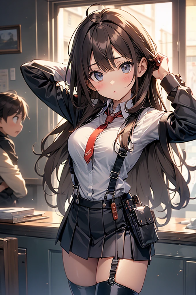 Brown hair、watching at viewers　　　black suspenders　　　Bulging big breasts　　 　 　　　walls: 　Black miniskirt　garters　　　　　　Gaze　　　Small face　bangss 　　　holster　　　Beautuful Women　　hands up　　レッグholster ベッドに横たわる　　Gaze 　black boots panty shot　provocation　flank　flank汗　soio 　arm
