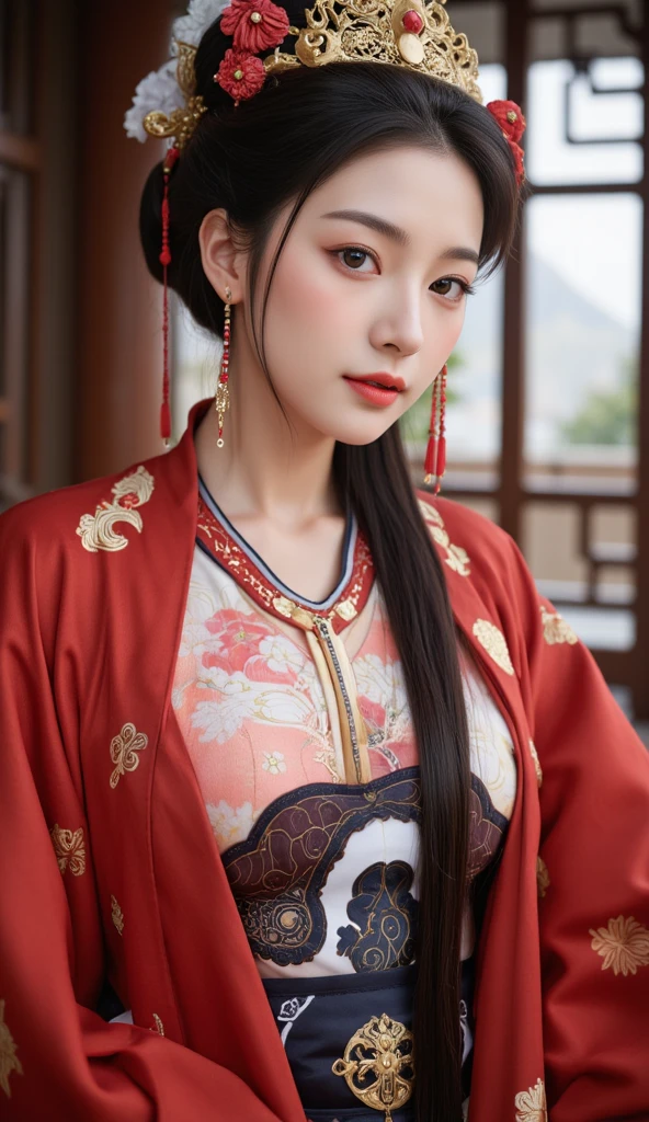 un gros plan d&#39;une femme portant une robe noire et un casque doré, beau rendu de la dynastie Tang, palais ， une fille en hanfu, une belle impératrice fantastique, tendance sur cgstation, inspiré de Du Qiong, par Yang J., style chinois, oeuvre d&#39;art dans le style de guweiz, inspiré de Lan Ying, belle peinture de personnage