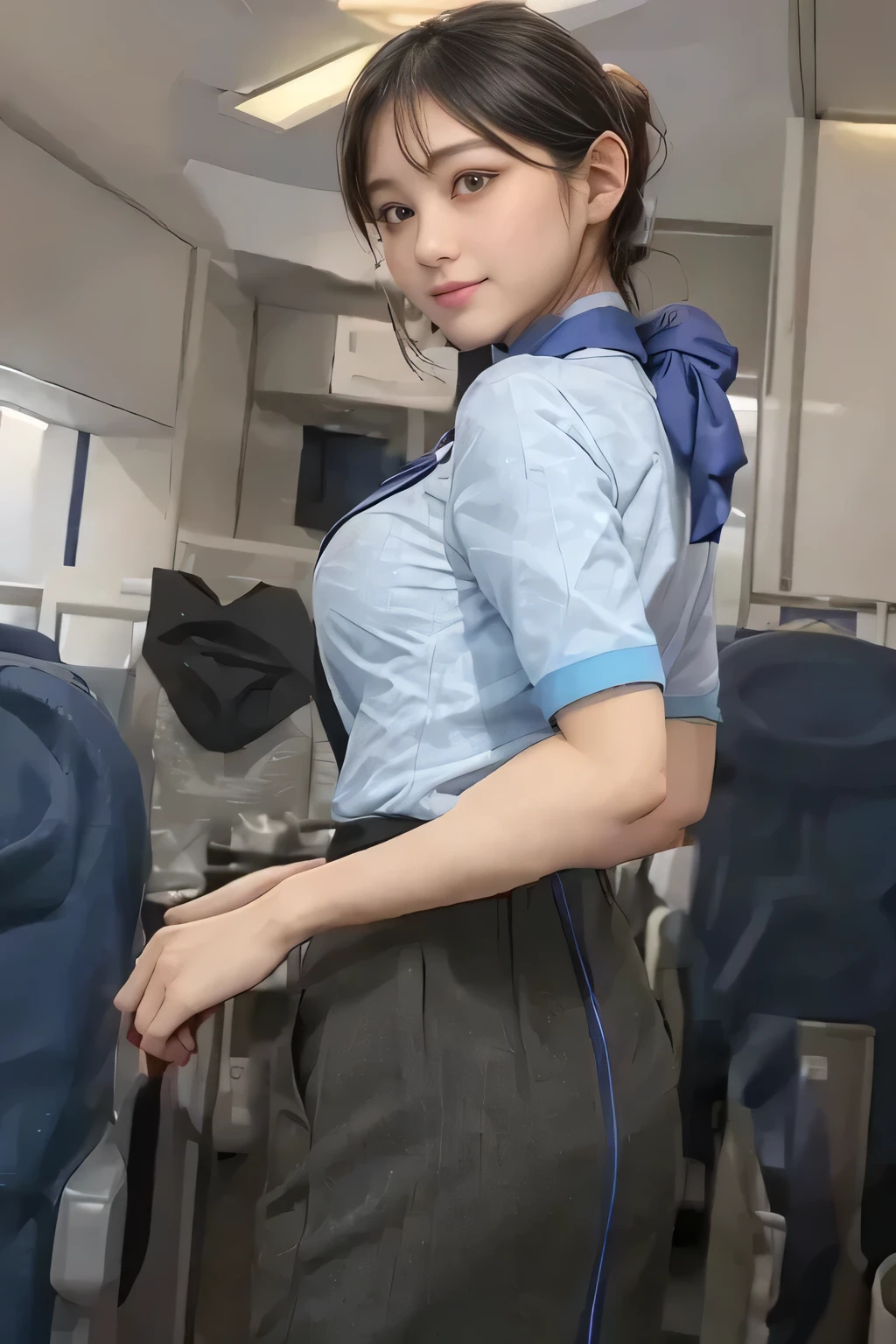 (masterpiece:1.2, Best Quality:1.2), 32kHDR,  high definition, (Alone、 1 girl)、（Rooftop of a building during the day、 professional lighting to highlight small bust）、With the roof of the building in the background 、（Real Style Wearing ANA Flight Attendant Uniform Blue ）、（（ANA FLIGHT ATTACENT UNIFORM BLUE BLUE SHORT SLEEVE BLOUSE  、 ANA flight attendant uniform blueの後ろに青いラインが入ったスカート、 scarf around the neck ））、 Dark brown hair 、（Long Hair、Hair tied up、Hair tied up）、 Dark brown hair 、Long Hit、Big Breasts、Thin legs、（（Great hands：2.0）），（（ Harmonious Body Proportions ：1.5）），（（Normal limbs：2.0）），（（Usually refers to：2.0）），（（ Delicate Eyes：2.0）），（（Normal eyes：2.0））)、smile、（ Beautiful Back View Showing ANA Flight Attendant Uniform Blue）、Hands clasped underneath
