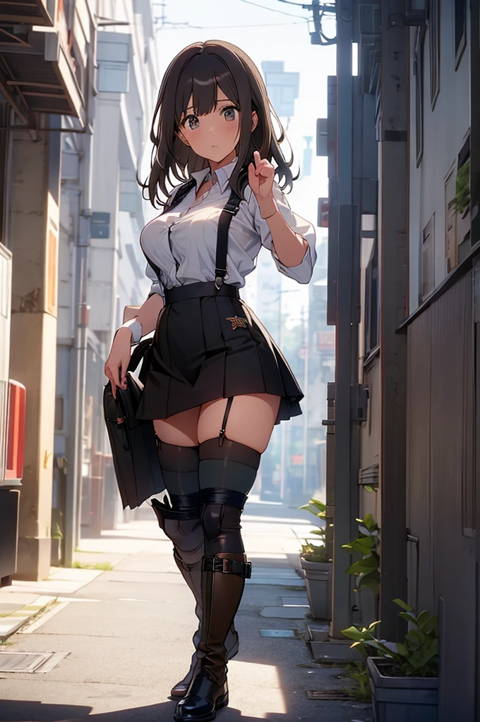 Brown hair、watching at viewers　　　black suspenders　　　Bulging big breasts　　 　 　　　walls: 　Black miniskirt　garters　　　　　　Gaze　　　Small face　bangss 　　　holster　　　Beautuful Women　　hands up　　レッグholster ベッドに横たわる　　Gaze 　black boots panty shot　provocation　flank　flank汗　soio 　arm
