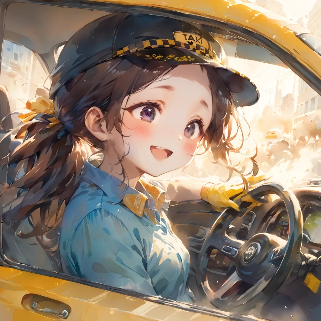 1 girl, cute, chibi, slender, pale skin, long black hair, ponytail, floating hair, big droopy eyes, black eyes,
taxi driver costume, hold the steering wheel of a car, gloves, hat, laughing,
osaka city, (sandstorm), car,
(masterpiece, best quality, hyper detailed:1.4), traditional watercolor painting,