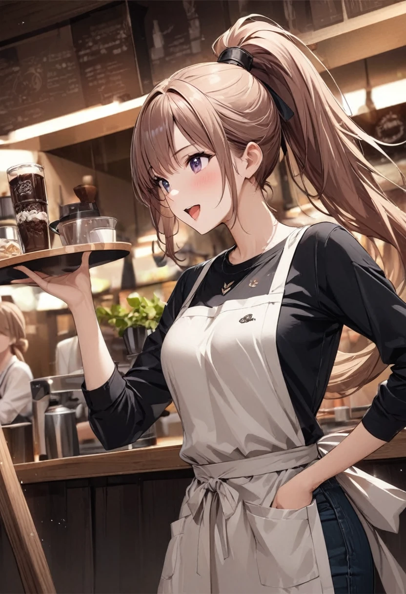 Beautiful girl 、Age 30、Best Quality、Ultra-precision、Detailed drawing、Cafe staff、shirt、tie、apron、Sharpness、 ponytail、Vivid colors、A very ecstatic expression、Slender figure、Accurate depiction、 CG illustration、
