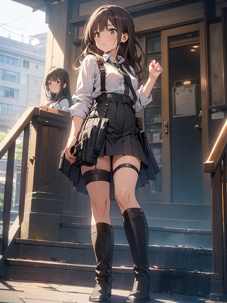 Brown hair、watching at viewers　　　black suspenders　　　Bulging big breasts　　 　 　　　walls: 　Black miniskirt　garters　　　　　　Gaze　　　Small face　bangss 　　　holster　　　Beautuful Women　　hands up　　レッグholster ベッドに横たわる　　Gaze 　black boots panty shot　provocation　flank　flank汗　soio 　arm
