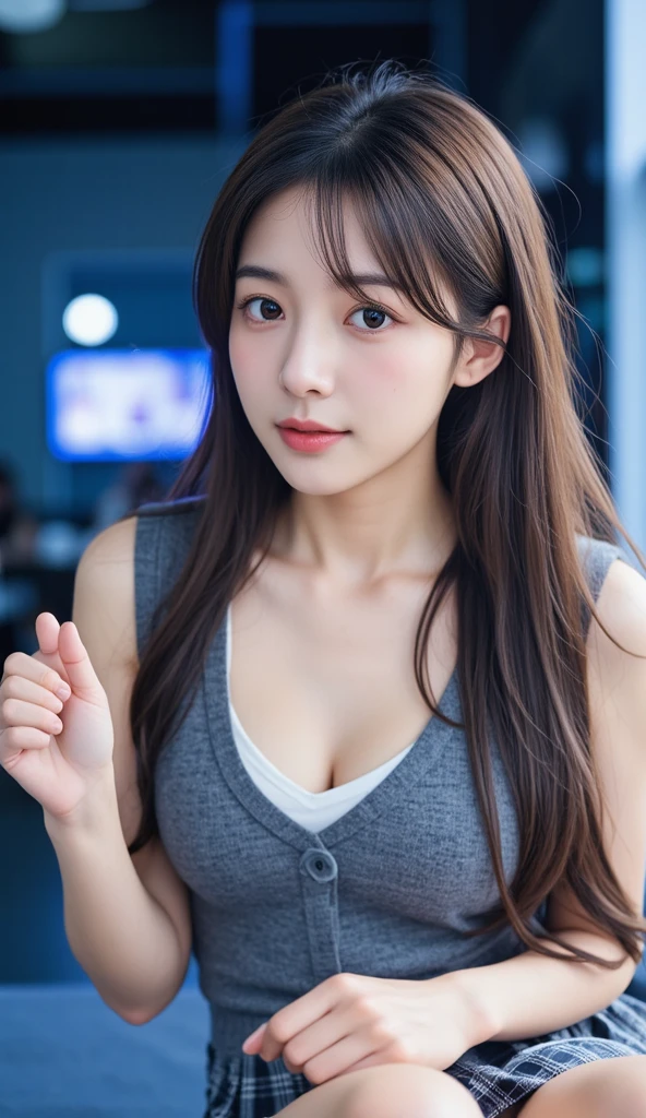 best quality, face focus, soft light, ultra high res, (photorealistic:1.4), RAW photo,
1japanese girl, solo, cute, (pupil, lights in the eyes),  detailed beautiful face, (small chest),(high resolution detail of human skin texture),
(long hair),
sit couch,
school uniform, charcoal vest, skirt,
(upper thigh)