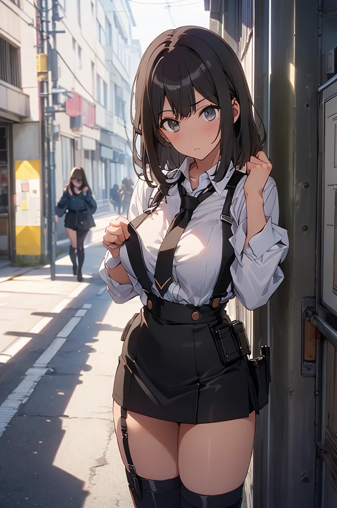 Brown hair、watching at viewers　　　black suspenders　　　Bulging big breasts　　 　 　　　walls: 　Black miniskirt　garters　　　　　　Gaze　　　Small face　bangss 　　　holster　　　Beautuful Women　　hands up　　レッグholster ベッドに横たわる　　Gaze 　black boots panty shot　provocation　flank　flank汗　soio 　arm
