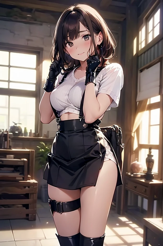 ultra-quality, ultla highres, Hyper Detailed, High contrast, superfine illustration, creative refinement, ssmile,Black corset,Black garter belt,Clubhouse at night
