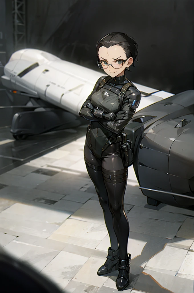 high quality, detailed, Black urban camouflage leotard, grinning, frowning, girl, (forehead), (very short hair), glasses, black tights, thigh holster, harness, soft lighting, standing, full body shot, big Mobile armor, sub mechanical arm, 