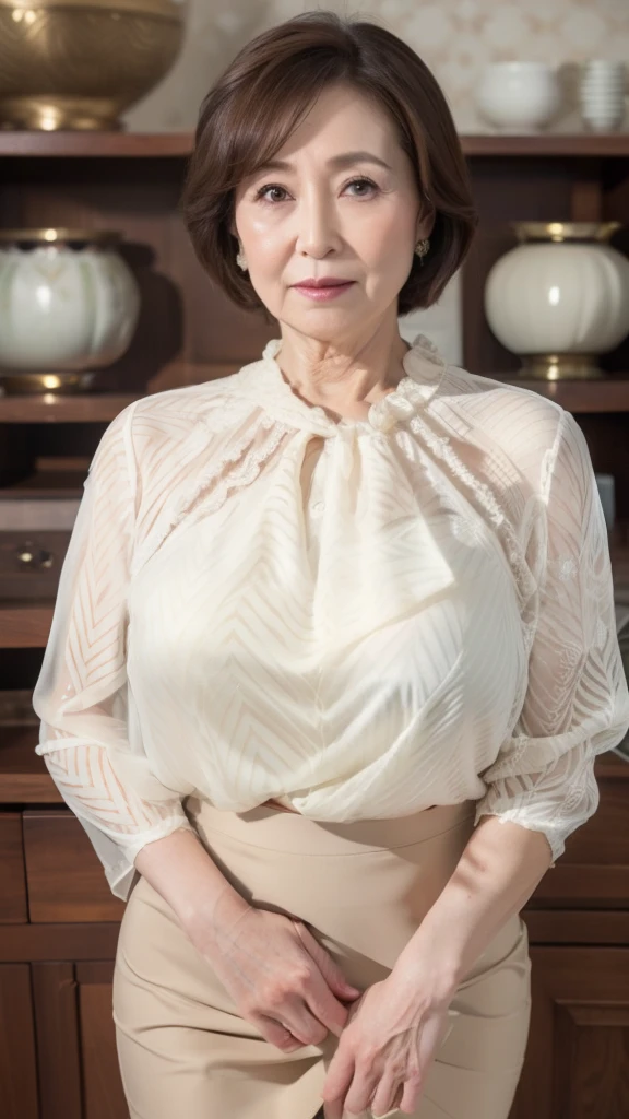 High resolution, High resolution, Attention to detail, masterpiece,(loose body:1.1), Anatomically correct, sharp, ((Japanese Mature)),(80 years old:1.3),((Facial wrinkles)), Shapely large breasts,Fair skin, Light brown long hair, bangs,(((Stand upright, Facing the center of the screen.))),Look at the photographer, Open your mouth and stare straight ahead,(Casual wear:1.3),(Sitting),(Thighs:1.3),In an abandoned house,(Serious expression),(old woman:1.3),Red lipstick,Mature secretary