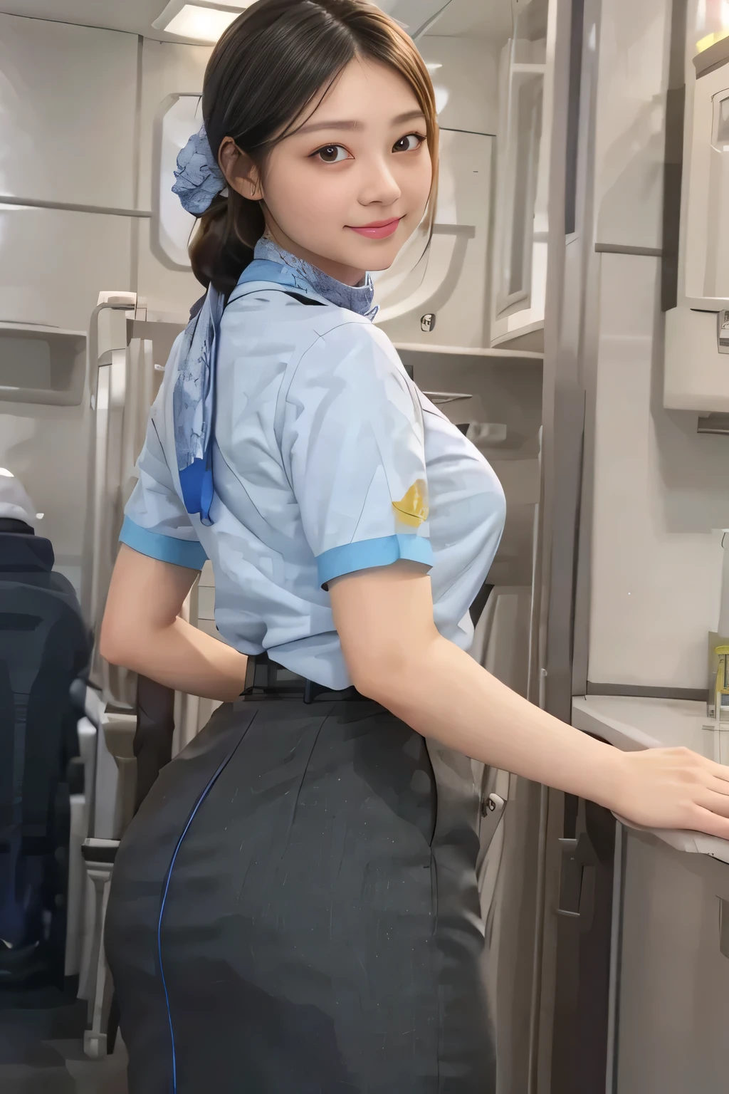 (masterpiece:1.2, Best Quality:1.2), 32kHDR,  high definition, (Alone、 1 girl)、（Rooftop of a building during the day、 Professional Lighting）、With the roof of the building in the background 、（ANA flight attendant uniform blueを着たリアルスタイル）、（（ANA flight attendant uniform blue blue short sleeve blouse  、 ANA FLIGHT ATTACENT UNIFORM BLUE SKIRT WITH A BLUE LINE IN THE BACK、 scarf around the neck ））、 Dark brown hair 、（Long Hair、Hair tied up、Hair tied up）、 Dark brown hair 、Long Hit、Big Breasts、Thin legs、（（Great hands：2.0）），（（ Harmonious Body Proportions ：1.5）），（（Normal limbs：2.0）），（（Usually refers to：2.0）），（（ Delicate Eyes：2.0）），（（Normal eyes：2.0））)、smile、（ANA flight attendant uniform blueを見せた美しい後ろ姿）、Hands clasped underneath