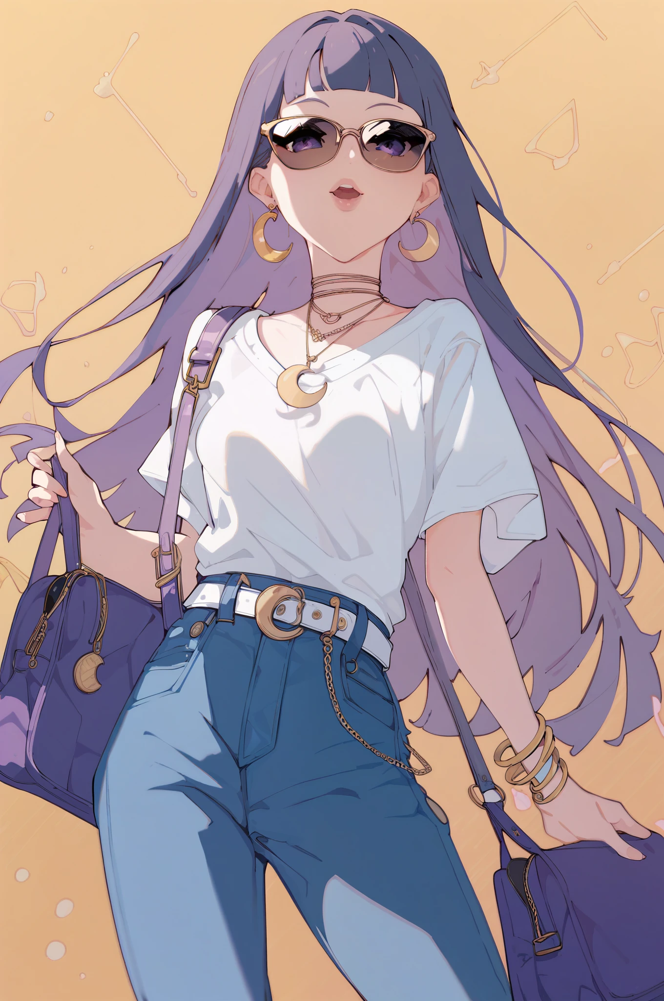 score_9, score_8_up, score_7_up, score_6_up, 1girl, fashionable, bangles, crescent earrings, gold-rimmed black sunglasses, blunt bangs, long hair, purple purse, white shirt, purple eyes, blue pants, white belt,  screentones background 