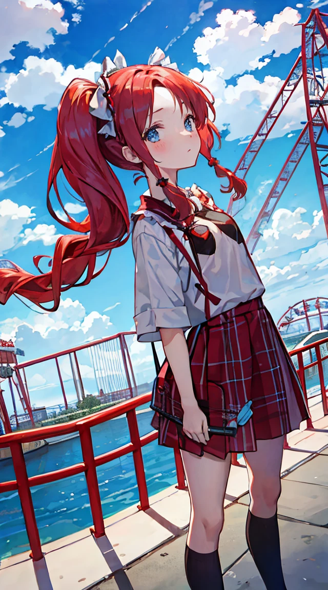 1  , , solo, red hair, pigtails hair , ( low pigtails) , blue eyes. Going out to the amusement park. Looking at view 