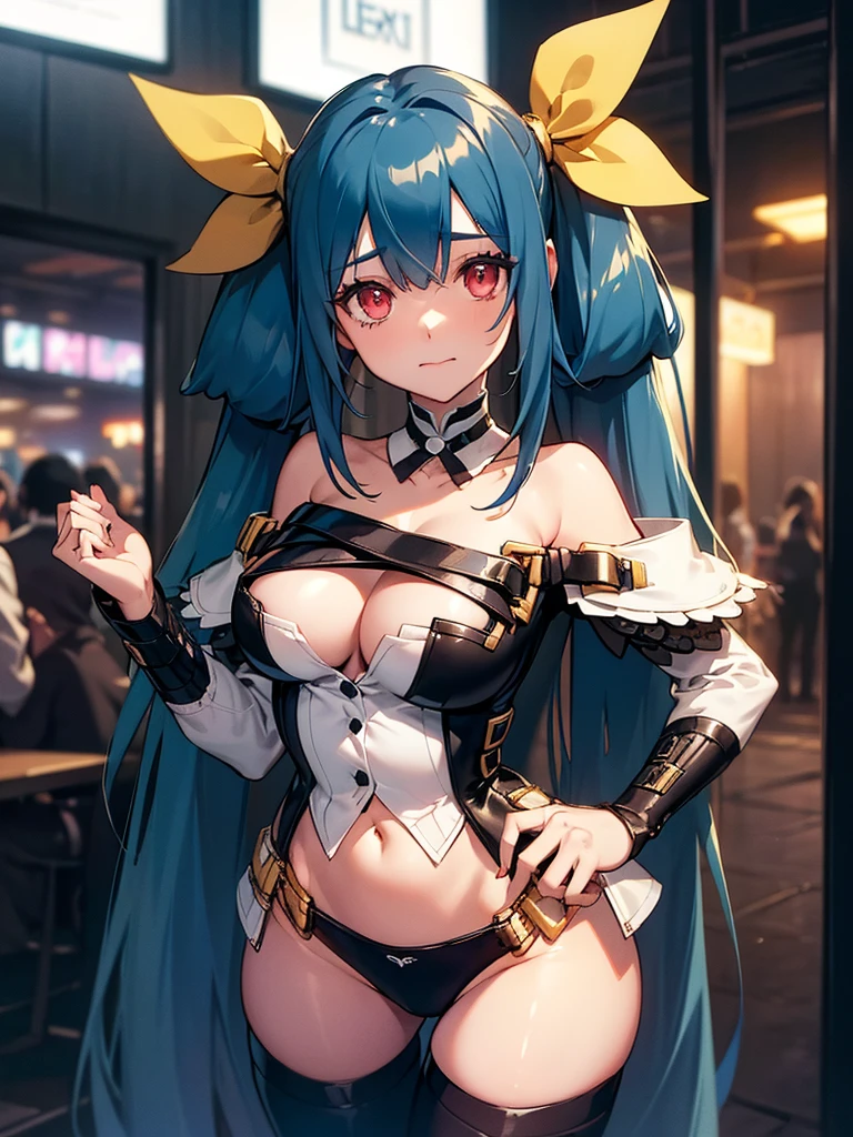 (​masterpiece, top-quality, hight resolution, Unity 8k, extremely details CG:1, Best Picture), ggdizzy, (yellow hairribbon), A woman standing by the wall of a nightclub. She is lit by dark, colourful lights, reflecting the lively atmosphere of the club. She is leaning casually with one shoulder against the wall, surrounded by soft shadows and neon light. The protagonist asks her if she wants to fuck you, and she says, ‘Okay. Where would you like to fuck?’ The woman responds in a glamorous way. She is a ‘professional slut’ who meets his outrageous demands with impunity.