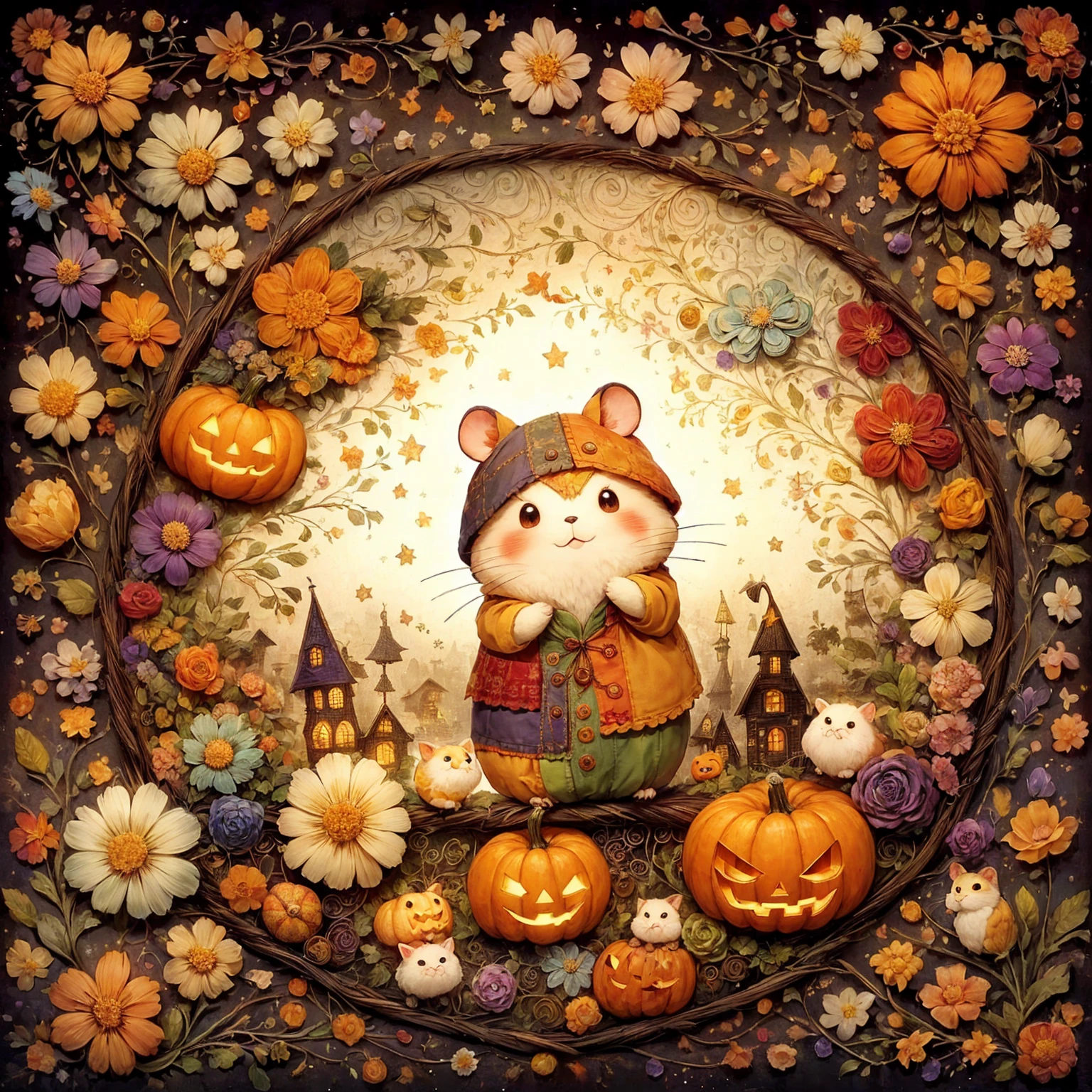 handicraft artwork,patchwork,cloth,button,felt fabric,Embroidery thread,Handicrafts with a warm and gentle atmosphere,(Halloween:カボチャ,おばけのシルエット,コウモリ,ハムスター),A dream-like sight,rustic colors,intricate details,artwork,Three-dimensional