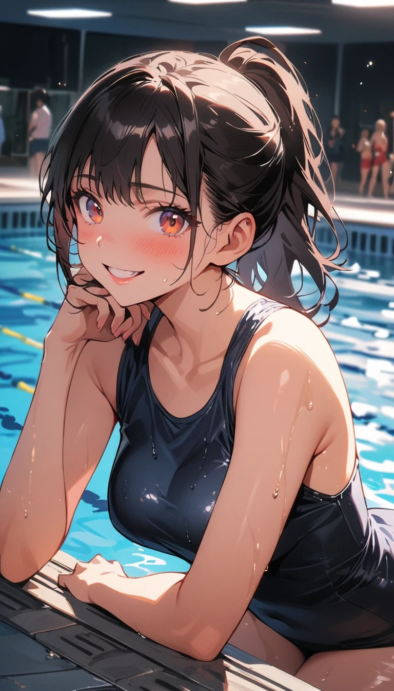 ((masterpiece,best quality)),high resolution,ultra detailed, detailed background,8k,16k,perfect lighting,detailed beautiful eyes,1girl,solo,embarrassed,blush,look at viewer,steam,sweat,in heat,confused,(wavy mouth,open mouth), upward glance,tear,watery eye,(show off armpits,upper body:1.3),(cum on armpits:1.2),m,long nipple,tear,long hair,perfect fingers,(slender1.2),fu tao,twintail,(flat chest:1.2),short stature,flower shaped pupils,short stature,over size head,schoo swimsuit,classroom