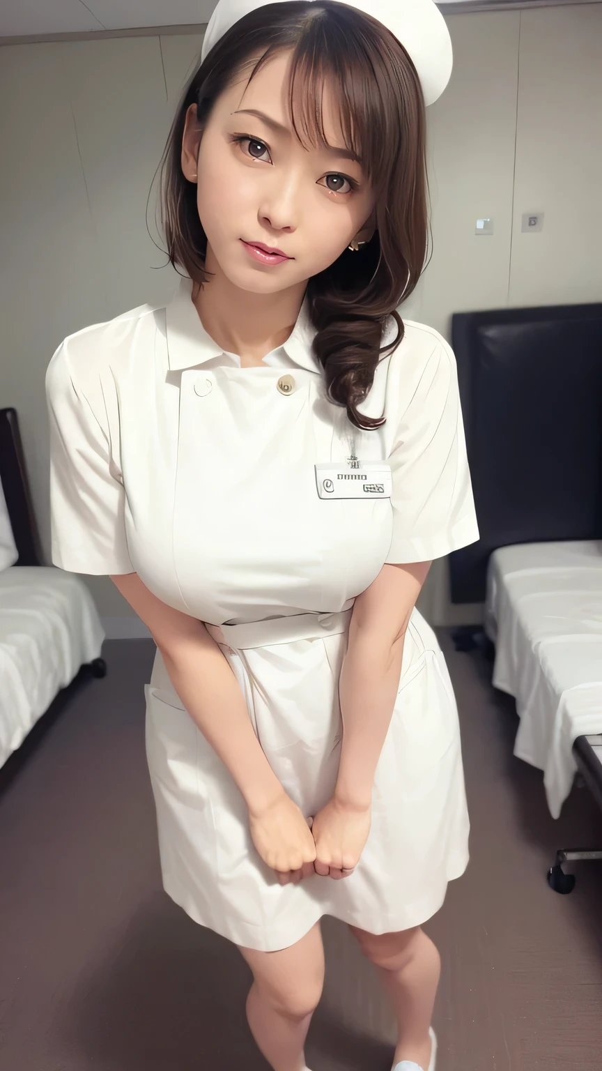 1 girl,(Wearing white nurse clothes:1.2),( RAW photo ), (Realistic, photo-Realistic:1.4), masterpiece, so delicate and beautiful, very detailed, 2k wallpaper, wonderful, finely, very detailed CG unity 8k wallpaper, very detailed, High image quality, Soft light, Beautiful meticulous girl , very detailed eyes and face, beautifully detailed nose, finely beautiful eyes, nurse, COMPLETE ANATOMY , PERFECT BODY , is leggy,Big Breasts, Black Hair , Upstyle, nurse uniform, ((nurse cap)), LONG SKIRT , nurse, white costume , thin, hospital, Clear, white uniform, hospital room, Neck auscultation,Close face,Big Breasts, Legs with a beautiful tail , full body portrait