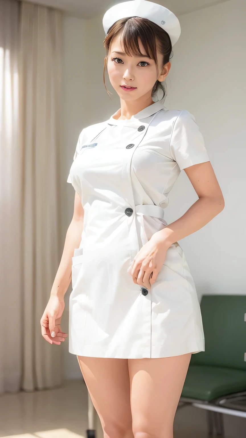 1 girl,(Wearing white nurse clothes:1.2),( RAW photo ), (Realistic, photo-Realistic:1.4), masterpiece, so delicate and beautiful, very detailed, 2k wallpaper, wonderful, finely, very detailed CG unity 8k wallpaper, very detailed, High image quality, Soft light, Beautiful meticulous girl , very detailed eyes and face, beautifully detailed nose, finely beautiful eyes, nurse, COMPLETE ANATOMY , PERFECT BODY , is leggy,Big Breasts, Black Hair , Upstyle, nurse uniform, ((nurse cap)), LONG SKIRT , nurse, white costume , thin, hospital, Clear, white uniform, hospital room, Neck auscultation,Close face,Big Breasts, Legs with a beautiful tail , full body portrait