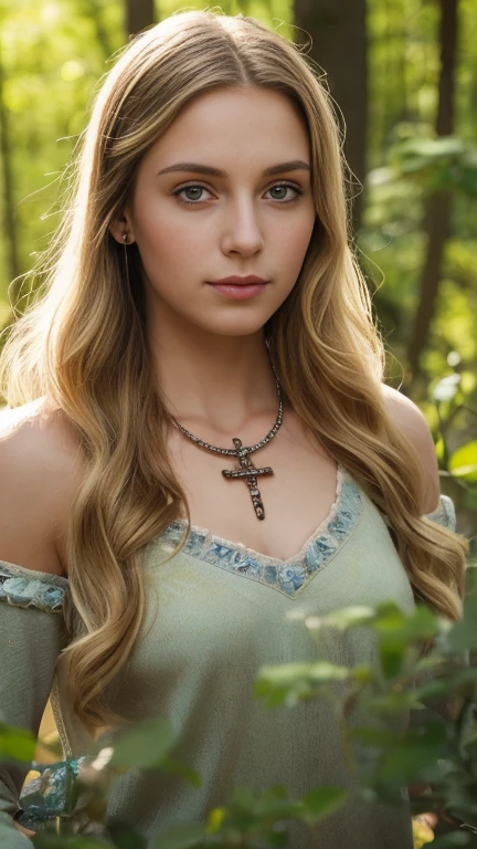  A high-quality professional photo , resolution 8k,  Hyperrealistic and very detailed .  A beautiful blonde girl , about eight to nine years old ,  with long wavy hair standing in the woods .  She is wearing a blond outfit with bare shoulders and long sleeves, as well as two crosses .  She has a calm and innocent expression , and a beautiful piece of jewelry hangs around the neck.  A halo glows around her head , , giving the image an angelic and ephemeral look .  Background — this is a lush green forest with scattered flowers ,  that creates an atmosphere of tranquility and harmony with nature .  Perfect lighting for the soft glow around her ,  emphasizing her features and clothing details 