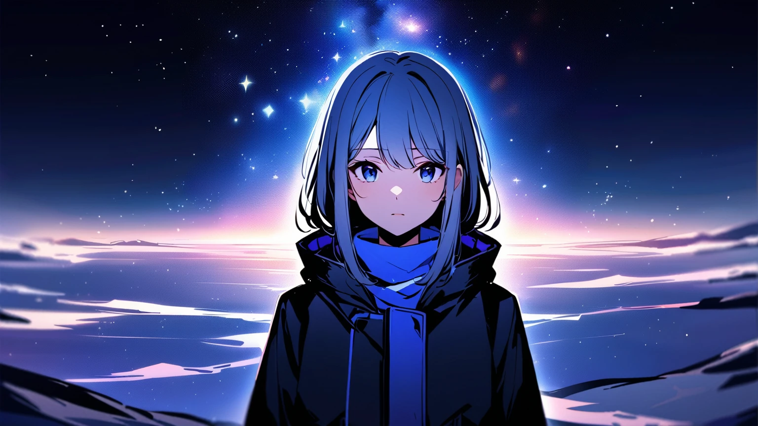 Create an anime-style portrait of a young woman with white or silver hair, standing against a backdrop of a stunning night sky filled with stars and a vibrant galaxy. Her hair should be slightly tousled, with some strands glowing from the starlight. She wears a dark, stylish coat, and her expression is calm and introspective. The background should showcase a vast, cosmic landscape with purple and blue hues, with faint mountain outlines below, adding depth to the scene. The atmosphere should feel serene and slightly mystical, with soft lighting highlighting her face and hair."